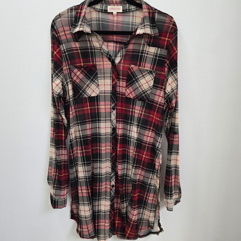 Urban Girl Red Plaid Sheer Mesh Button Down Tunic Top Dress Womens 1X Plus